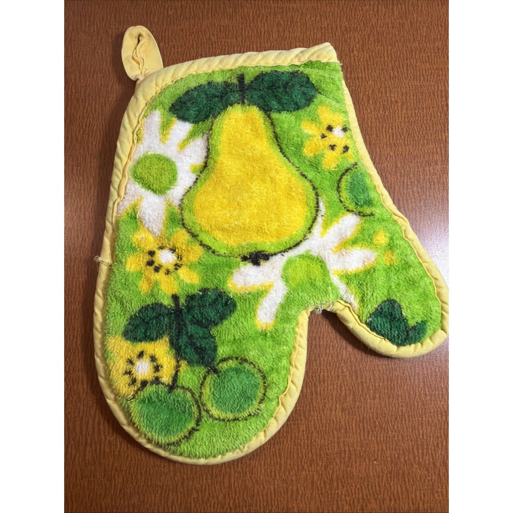 Vintage Yellow & Green Floral & Fruit Oven Mitt Terry 70s